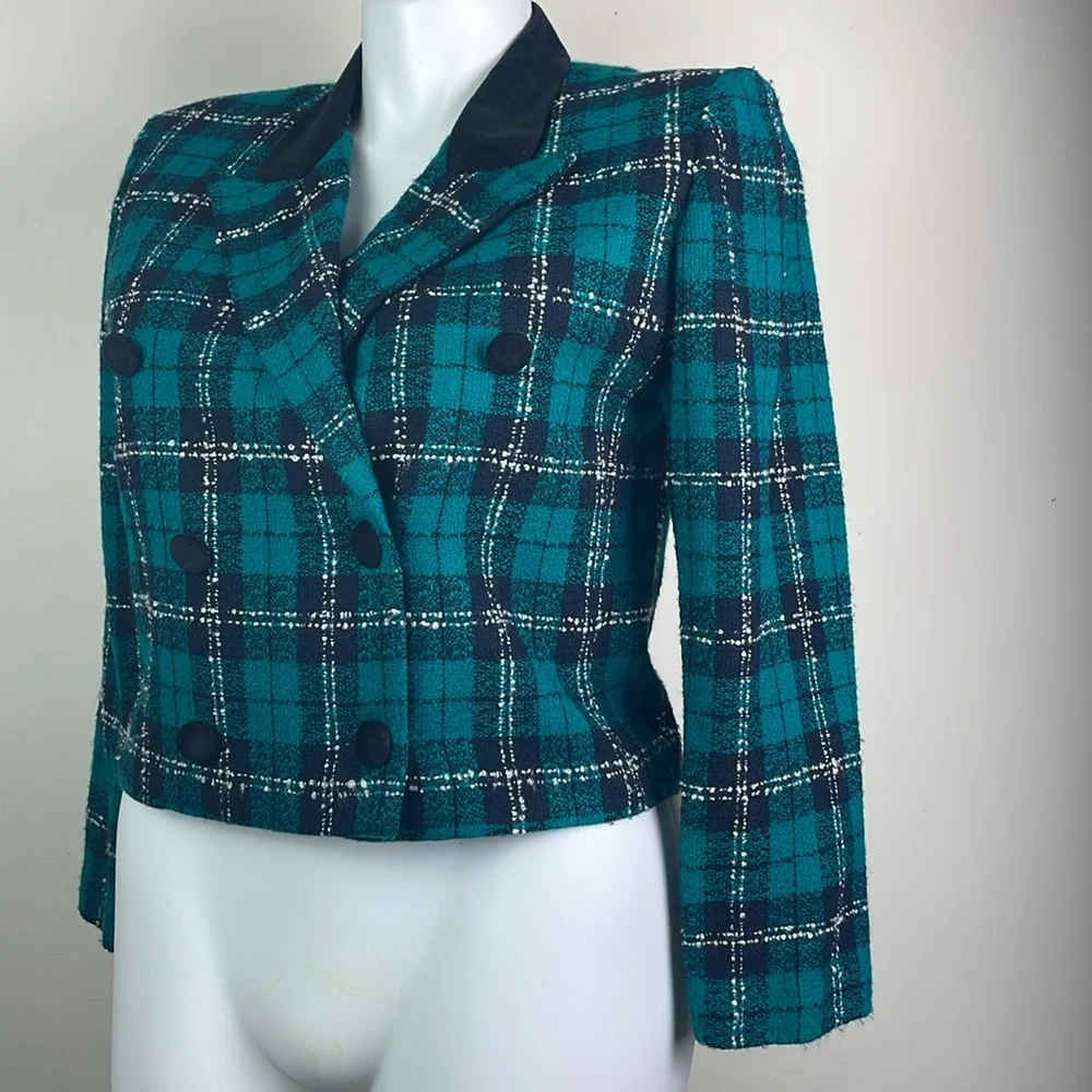 Positive Attitude Vintage Tweed Blazer Velvet Collar Teal Green Plaid